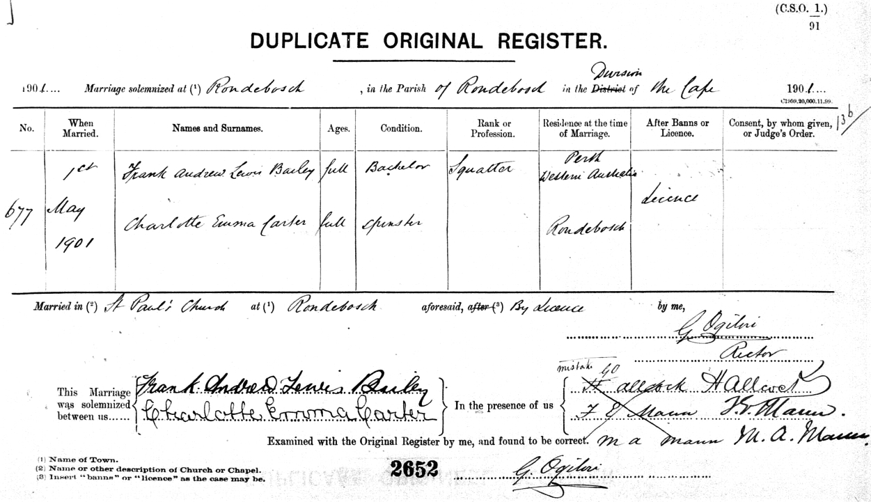 Francis Andrew Lewis marries Charlotte Carter in South Africa in 1901